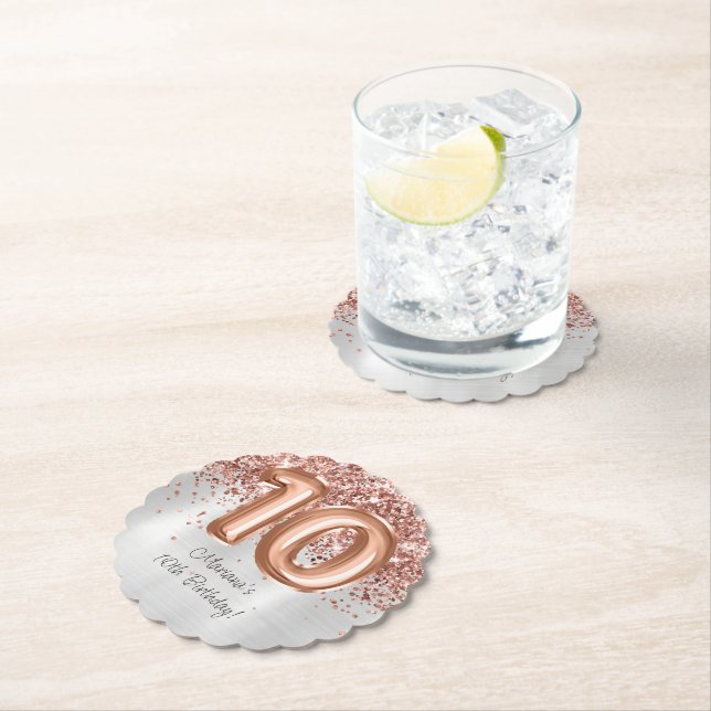  Rose Gold Silver 10th Birthday Party Paper Coaster (Insitu)