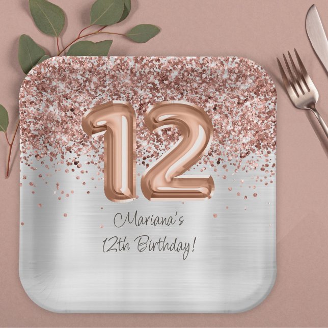  Rose Gold Silver 12th Birthday Party Paper Plate (Creator Uploaded)