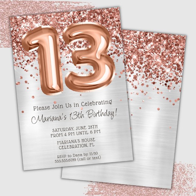 Rose Gold Silver 13th Birthday Party Invitation (Creator Uploaded)