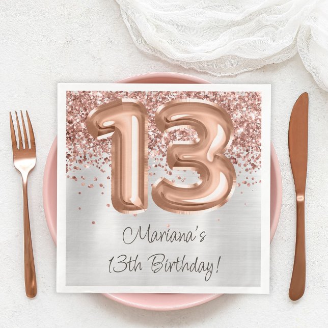  Rose Gold Silver 13th Birthday Party Napkin (Creator Uploaded)