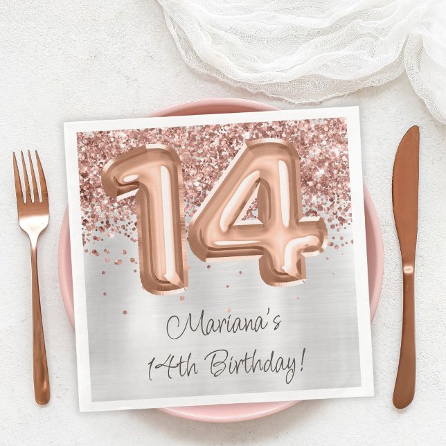  Rose Gold Silver 14th Birthday Party Napkin (Creator Uploaded)