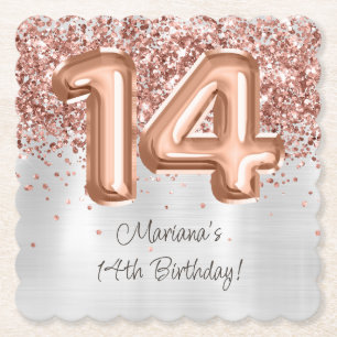  Rose Gold Silver 14th Birthday Party Paper Coaster