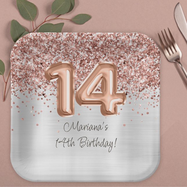 Rose Gold Silver 14th Birthday Party Paper Plate (Creator Uploaded)