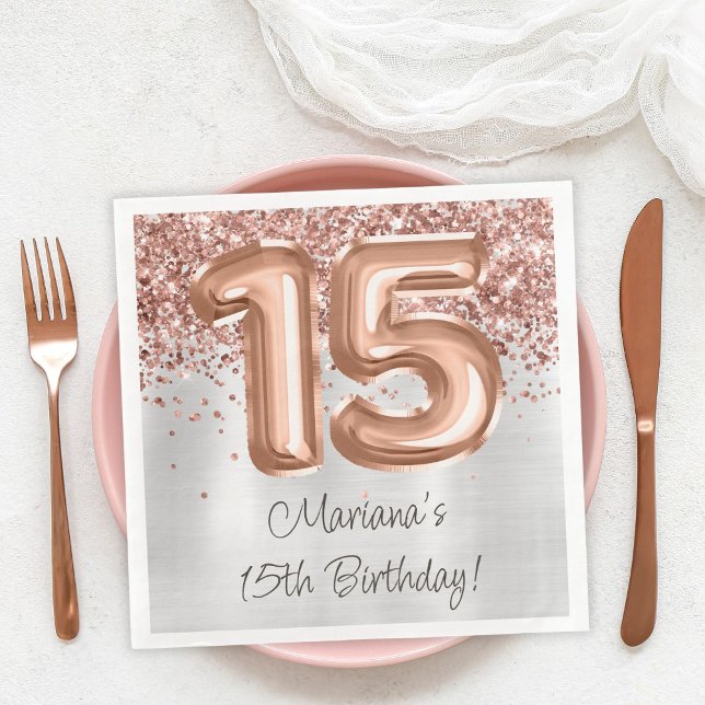  Rose Gold Silver 15th Birthday Party Napkin (Creator Uploaded)
