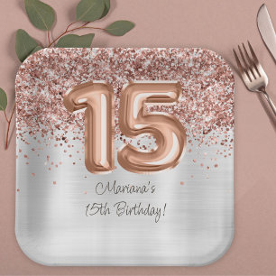  Rose Gold Silver 15th Birthday Party Paper Plate