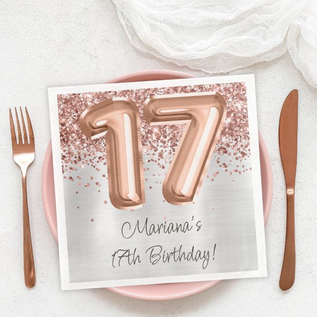  Rose Gold Silver 17th Birthday Party Napkin (Creator Uploaded)