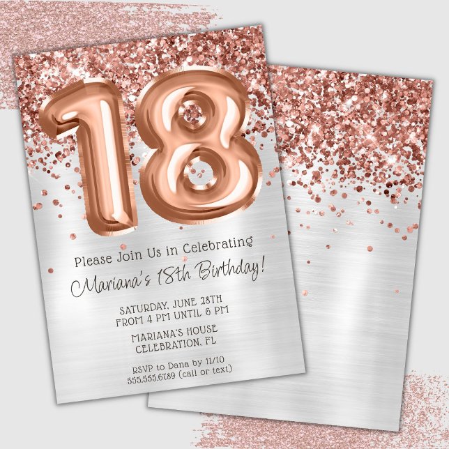 Rose Gold Silver 18th Birthday Party Invitation (Creator Uploaded)