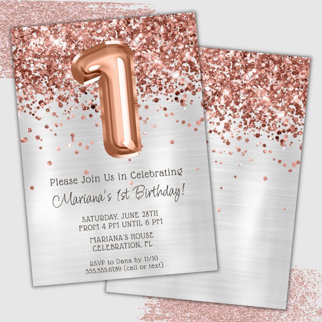 Rose Gold Silver 1st Birthday Party Invitation (Creator Uploaded)