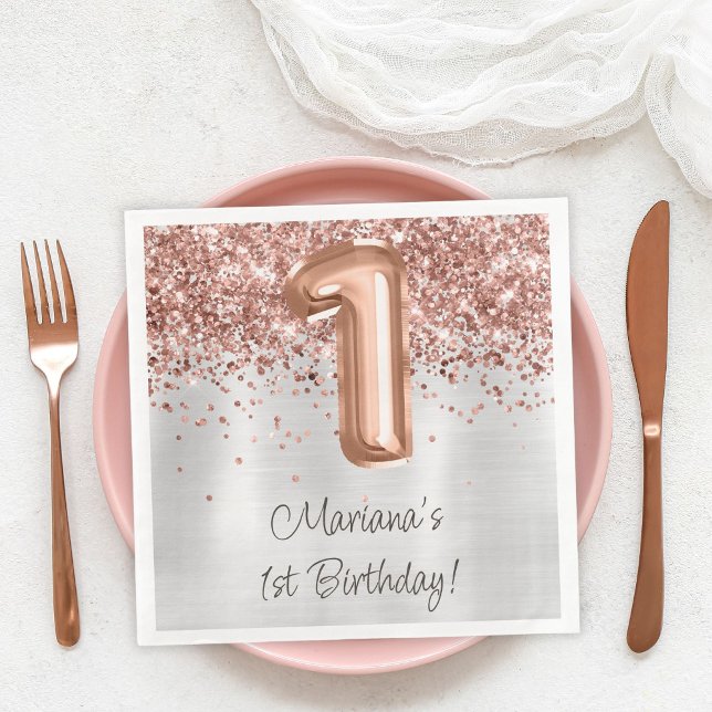  Rose Gold Silver 1st Birthday Party Napkin (Creator Uploaded)