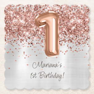 Rose Gold Silver 1st Birthday Party Paper Coaster