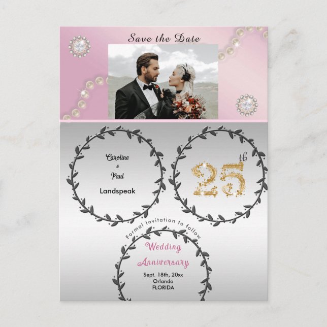 Rose Gold & Silver 25th Anniversary Save the Date Postcard (Front)