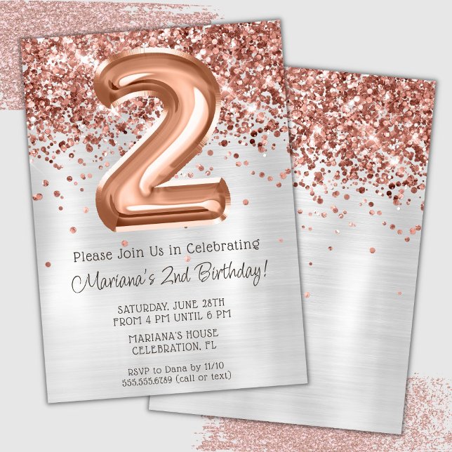 Rose Gold Silver 2nd Birthday Party Invitation (Creator Uploaded)