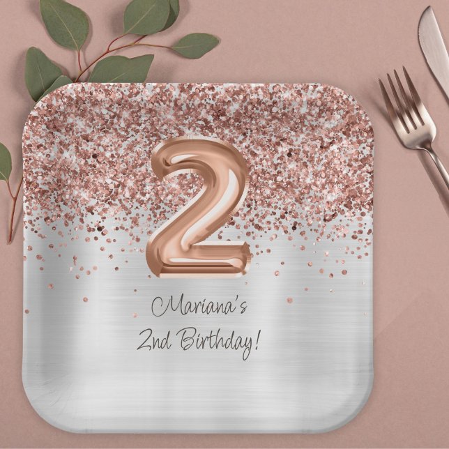  Rose Gold Silver 2nd Birthday Party Paper Plate (Creator Uploaded)