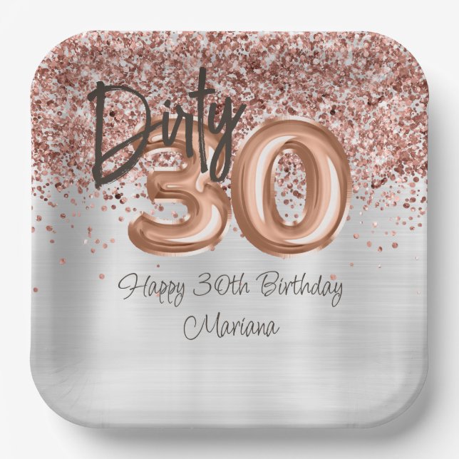 Rose Gold Silver 30th Birthday Party Paper Plate (Front)