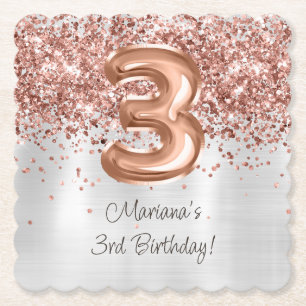 Rose Gold Silver 3rd Birthday Party Paper Coaster