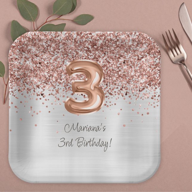  Rose Gold Silver 3rd Birthday Party Paper Plate (Creator Uploaded)