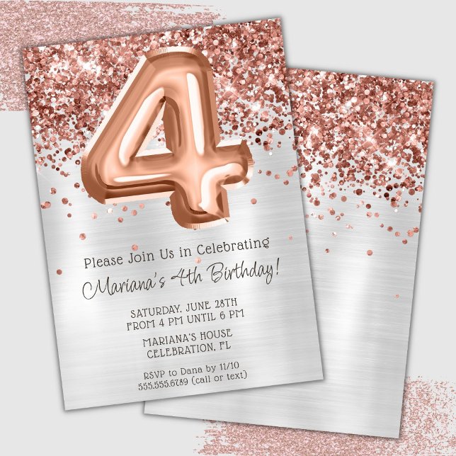Rose Gold Silver 4th Birthday Party Invitation (Creator Uploaded)