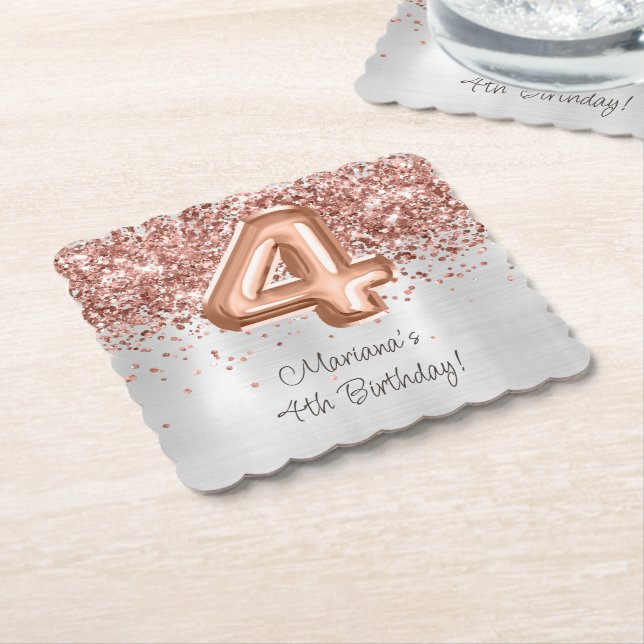  Rose Gold Silver 4th Birthday Party Paper Coaster (Angled)