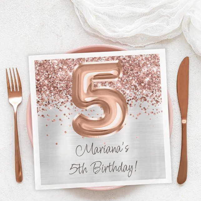  Rose Gold Silver 5th Birthday Party Napkin (Creator Uploaded)