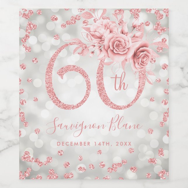 Rose Gold Silver 60th Birthday Floral Glam Lights  Wine Label (Single Label)