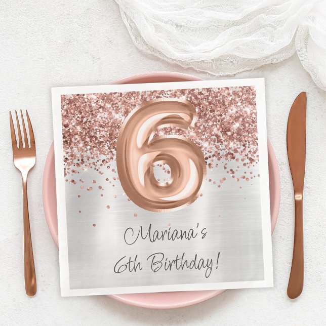  Rose Gold Silver 6th Birthday Party Napkin (Creator Uploaded)