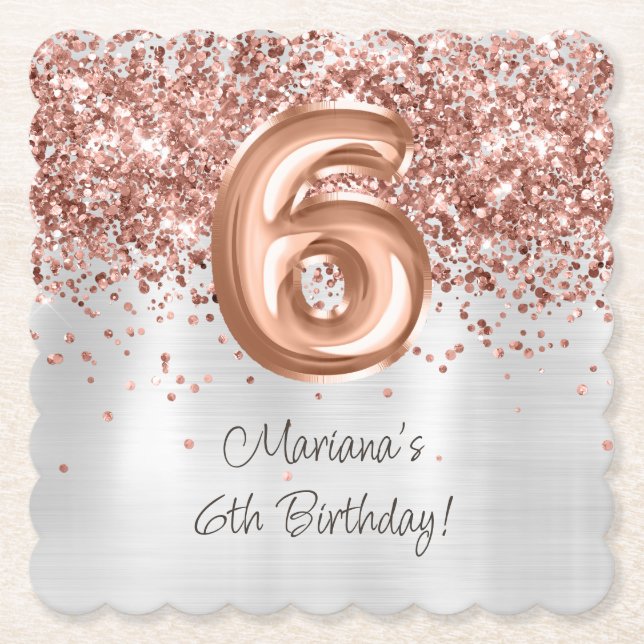  Rose Gold Silver 6th Birthday Party Paper Coaster (Front)