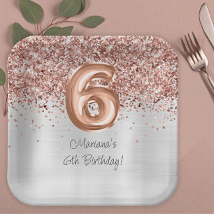  Rose Gold Silver 6th Birthday Party Paper Plate