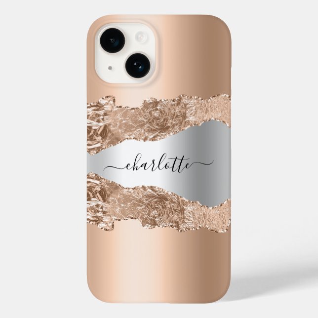 Rose gold silver agate marble name script Case-Mate iPhone case (Back)