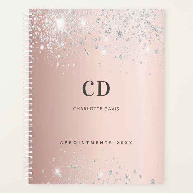 Rose gold silver blush sparkles monogram name planner (Front)