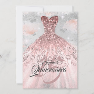 Rose Gold Silver Butterfly Dress Quinceanera  Invitation