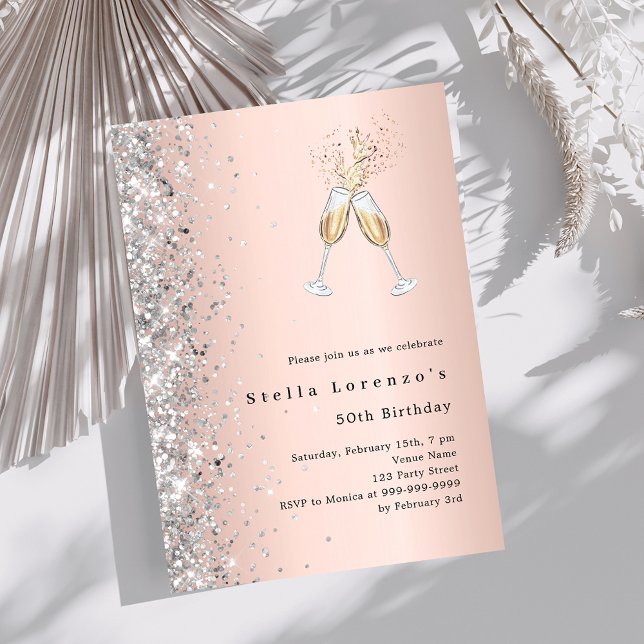 Rose gold silver cheers luxury birthday invitation (Creator Uploaded)