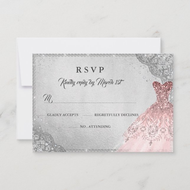 Rose Gold Silver Diamond Sparkle Gown RSVP Card (Front)