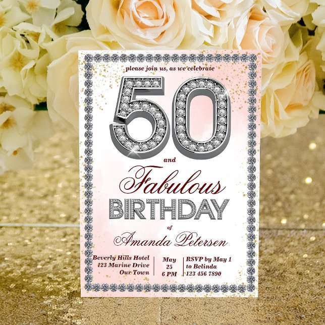 Rose gold silver diamonds 50th birthday invitation (Creator Uploaded)