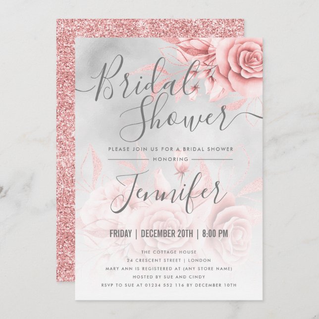 Rose Gold Silver Floral Glitter Bridal Shower Invitation (Front/Back)