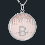 Rose gold silver glitter drips monogram name sterling silver necklace<br><div class="desc">Girly, trendy and monogrammed. A feminine blush pink background decorated with rose gold and faux silver glitter drips. Personalise and add a name and monogram letter. Grey and rose gold coloured letters. The name is written with a modern hand lettered style script with swashes. To keep the swashes only delete...</div>