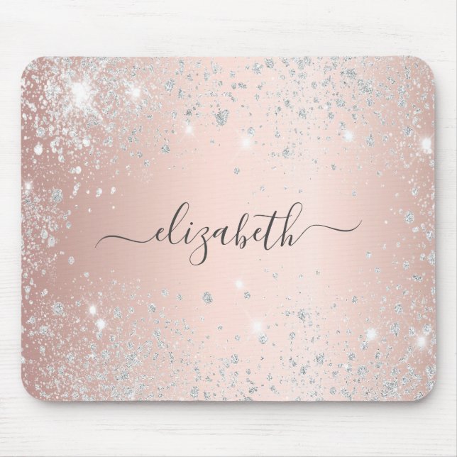 Rose gold silver glitter dust monogram name mouse pad (Front)