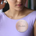 Rose gold silver glitter dust monogram name tag 6 cm round badge<br><div class="desc">An elegant rose gold faux metallic looking background. Decorated with faux silver glitter dust. Personalize and add your name. The name is written with a hand lettered style script.</div>