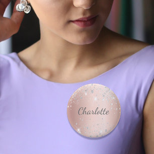 Rose gold silver glitter dust monogram name tag 6 cm round badge