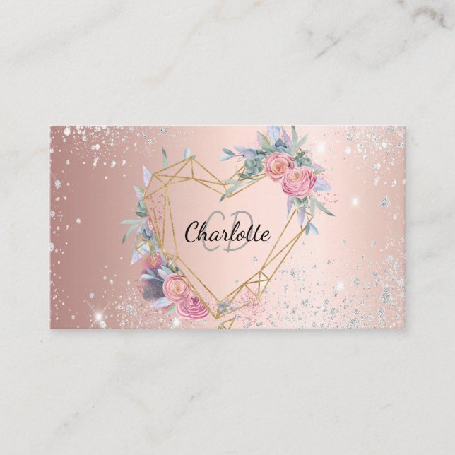 Rose gold silver glitter floral makeup hair beauty business card (Front)