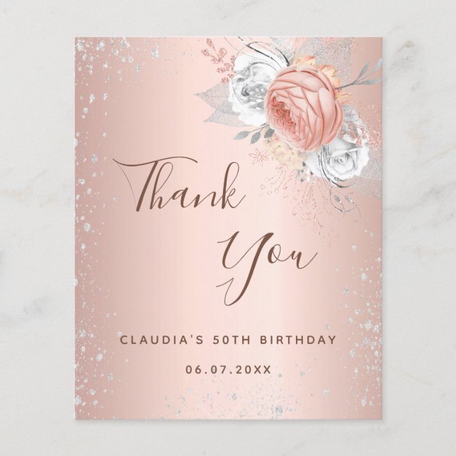 Rose gold silver glitter floral thank you card (Front)