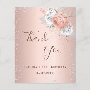 Rose gold silver glitter floral thank you card