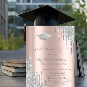 Rose Gold,Silver Glitter Grad Cap Drips  Invitation