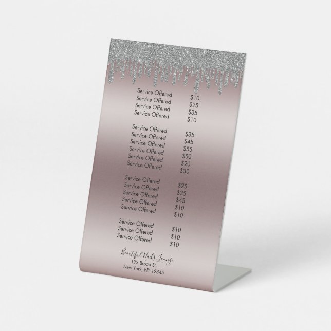 Rose Gold Silver Glitter Nail Salon Price List Pedestal Sign (Front)