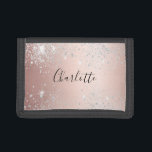 Rose gold silver glitter name  trifold wallet<br><div class="desc">A stylish rose gold,  blush pink faux metallic looking background. Decorated with faux silver glitter dust. Personalise and add your name. The name is written with a hand lettered style script.</div>