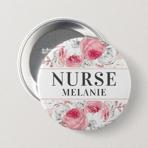 Rose Gold Silver Glitter Nurse Name Button Badge
