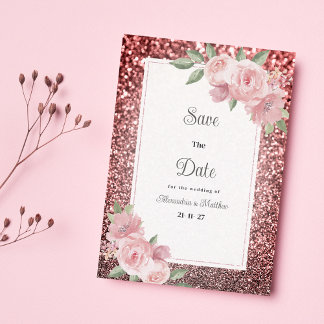 Rose gold silver glitter pink floral Save The Date Invitation