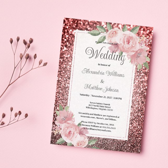 Rose gold silver glitter pink floral Wedding  Invitation (Rose gold silver glitter pink floral Wedding )