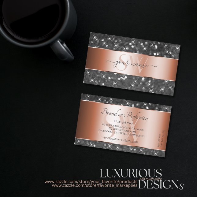 Rose Gold Silver Glitter Sparkle Stars Initials Business Card (Creator Uploaded)