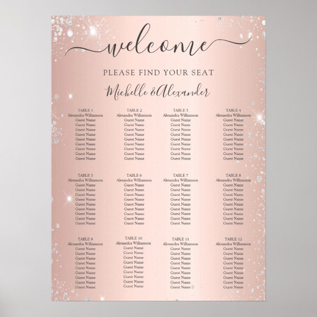 Rose gold silver glitter wedding seating chart (Front)