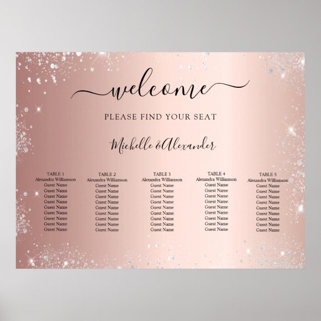 Rose gold silver glitter wedding seating chart (Front)
